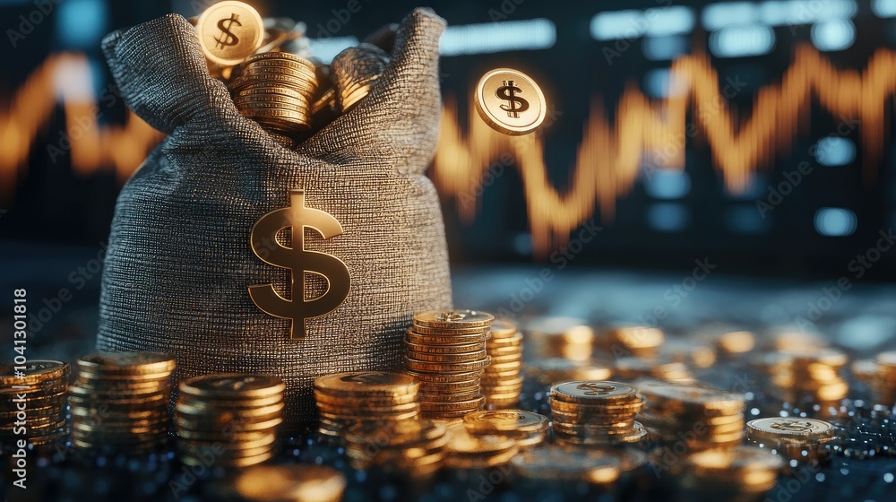Poster 3d render of golden coins cascading into an open money bag, dollar symbols floating around in front 