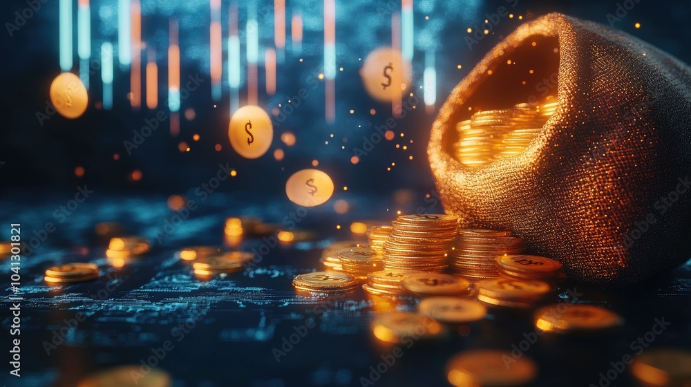 Poster 3d render of golden coins cascading into an open money bag, dollar symbols floating around in front 