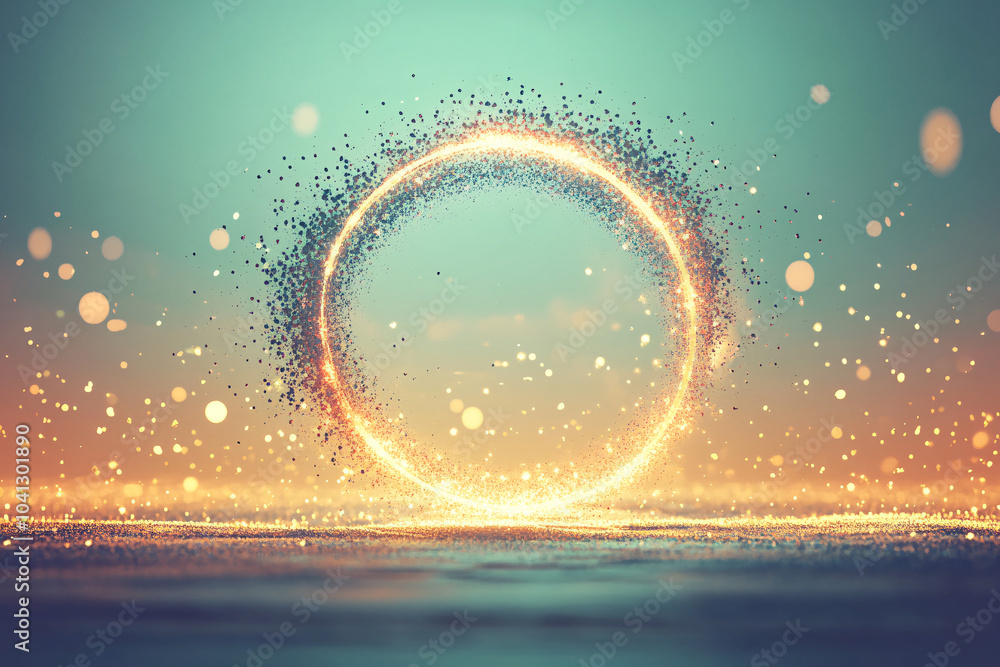 Poster a luminous golden ring of sparkling particles floating on a teal and orange gradient reflective surf