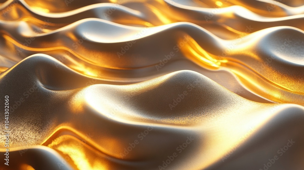 Poster 3d render of undulating golden waves, with a liquid metal texture and rich gleaming surface creating