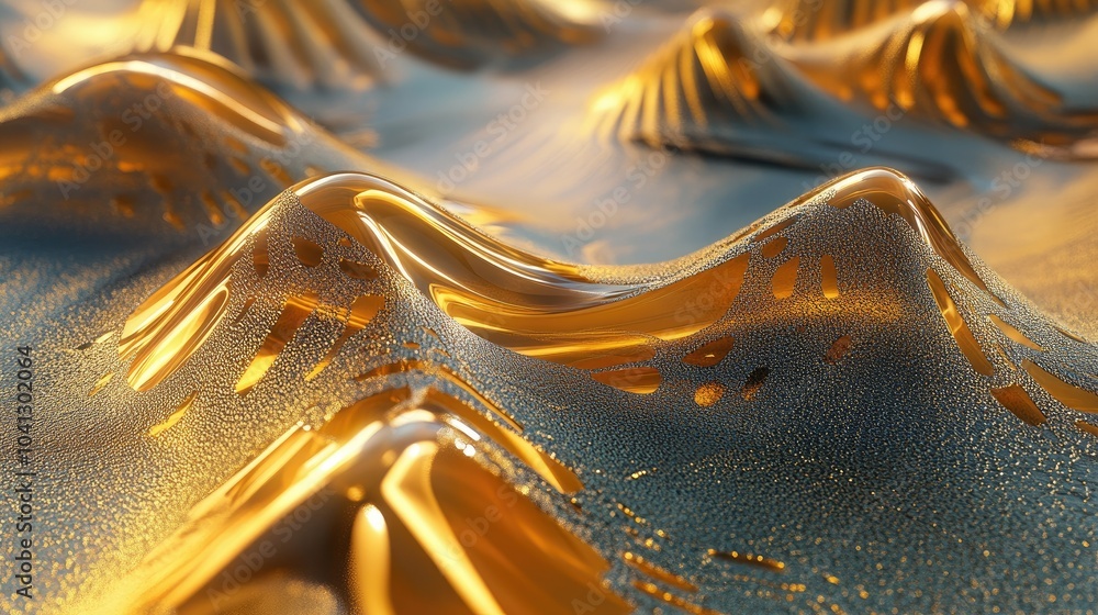 Poster 3d render of undulating golden waves, with a liquid metal texture and rich gleaming surface creating