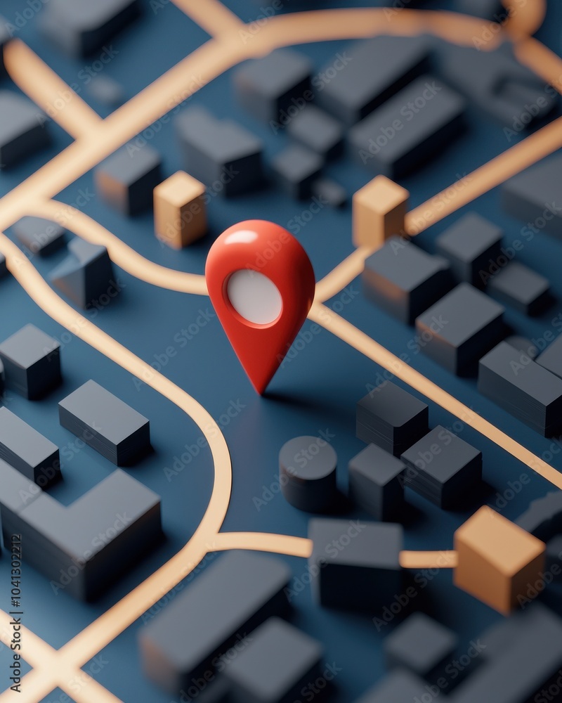 Poster 3D map with a red location pin highlighting a specific point on a blue and gold grid.
