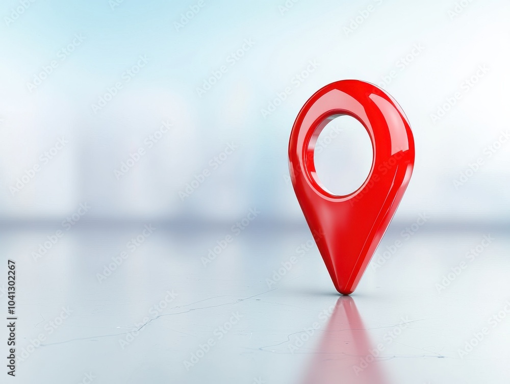 Poster 3d rendered red location pin on a reflective surface, perfect for maps and navigation designs.