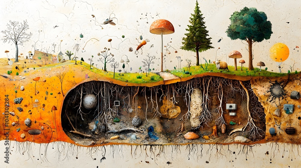 Leinwandbilder Detailed cross section view of an intricate underground forest ecosystem showcasing the intertwining network of tree roots fungi and flowing water