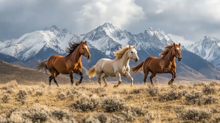 Three wild horses running joyfully on a mountain field with snow-capped peaks. 