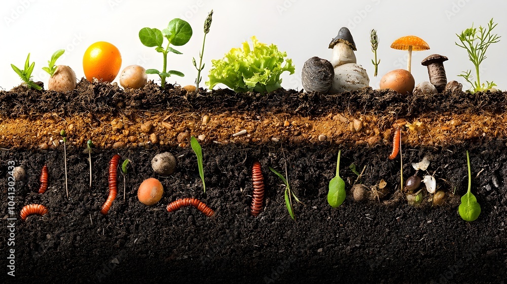 Poster detailed cross section view of an urban garden s layered ecosystem showcasing the rich soil composit