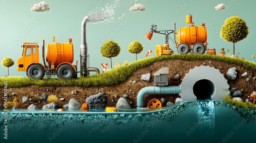 Poster detailed cross section view of an urban sewer system illustrating the complex water flow and waste t