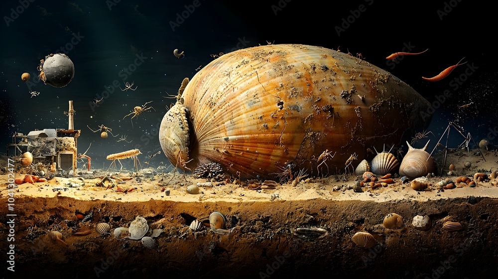 Poster Detailed cross section view of the ocean seafloor showcasing a clam shell surrounded by a diverse array of fascinating sea creatures and marine life