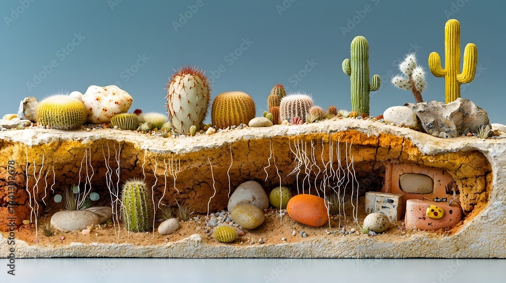 Poster Detailed cross section view showcasing the intricate structure of a desert ecosystem highlighting the robust root system of a cactus plant as it penetrates deep into the arid dry soil