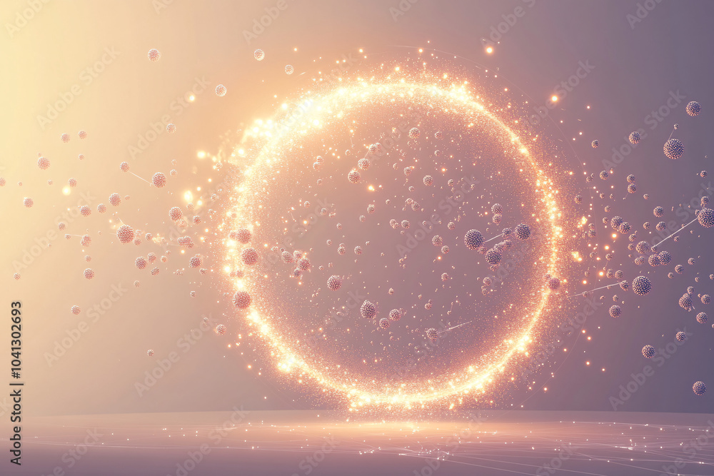 Poster a luminous circle emitting sparkles and floating particles in a surreal setting with soft pink light