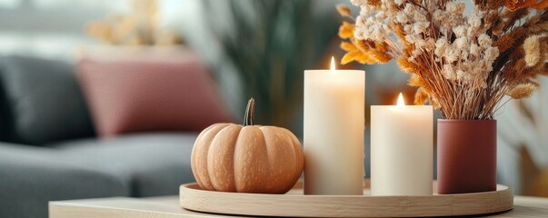 A cozy autumn setup with candles, pumpkin, and dried flowers on a wooden table, creating a warm atmosphere.