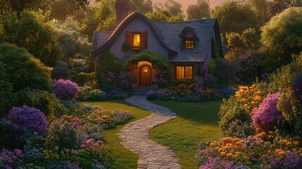 Fototapeta premium A charming house bathed in the warm glow of golden hour, surrounded by vibrant flowers, a manicured lawn, and a winding stone path
