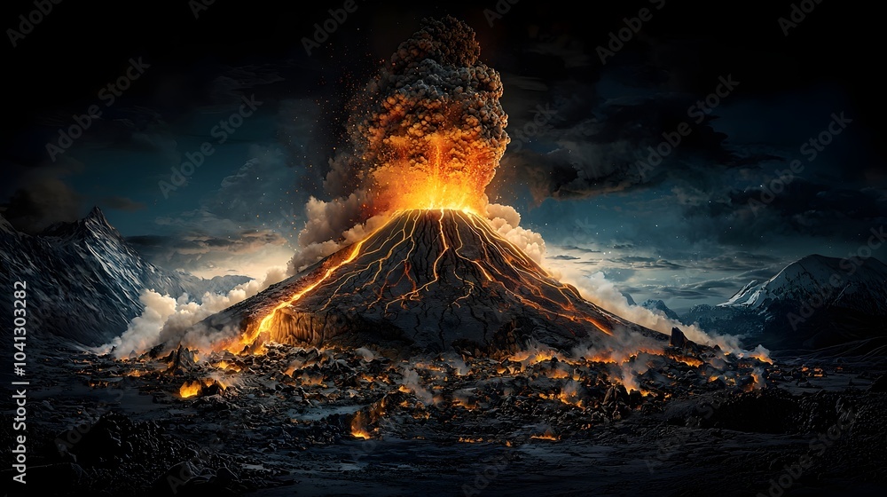 Poster Detailed cross sectional of an active volcano showcasing the intricate geological structure and inner workings including magma chambers vents and the potential for explosive eruption events