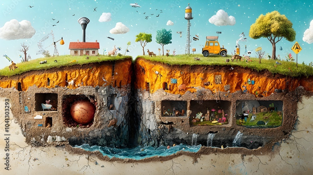Poster detailed cross sectional showcasing the intricate layers of the earth from the molten core to the di