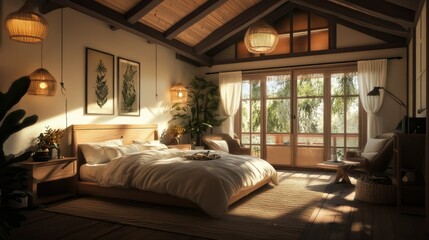 A cozy bedroom bathed in warm light, with a blend of modern and rustic elements, creating a welcoming and restful environment.