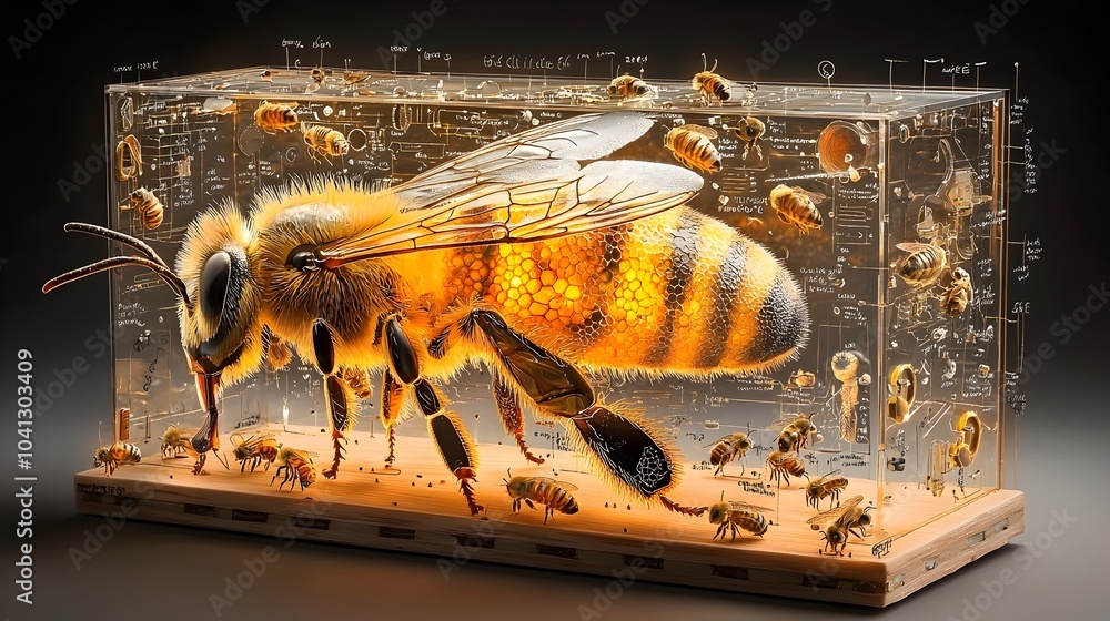 Poster Detailed cross sectional view of a beehive showcasing the intricate structure and components within including the queen bee worker bees and the mesmerizing honeycomb patterns and textures