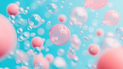 Abstract close-up of colorful bubbles and spheres, creating a dreamy underwater effect against a soft blue background.