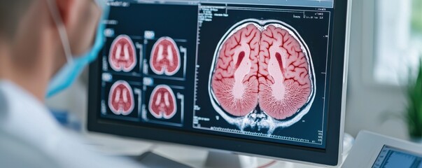 Brain scan analysis displayed on a monitor in a medical environment with healthcare professional's presence.
