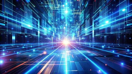 Fototapeta premium Digital Abstract Technology Background with Glowing Lines for Virtual Reality Presentation and Promo, High Depth of Field in 4K Looping Blue Animation for Innovative Digital Experiences