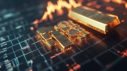 Futuristic holographic financial chart with gold bars and dynamic graph