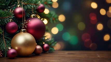 Obraz premium elegant christmas border shimmering ornaments delicate pine branches soft bokeh lights rich jewel tones 