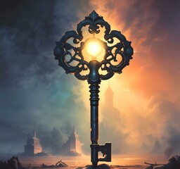 Obraz premium Illustration of glowing key in smoke.