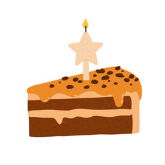 Birthday cake slices set. Sweet holiday bakery pieces collection. Pastry chocolate fruit, berry dessert with candles for breakfast. Vector hand drawn flat cartoon illustration