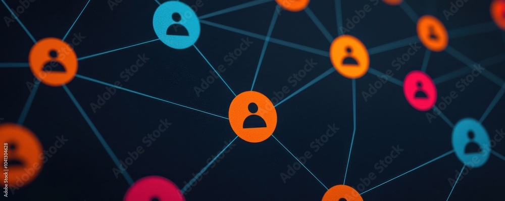 Poster colorful network connections with user icons representing digital communication.