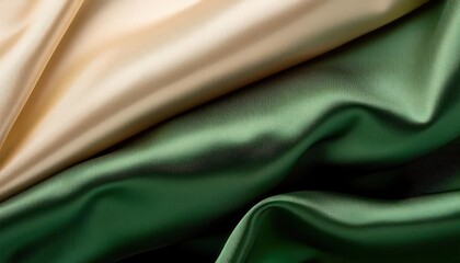 Elegant Dual-Toned Satin Fabric Close-Up. Cream and Emerald Green Luxurious Texture for Fashion, Interior Design, or Branding Concepts. Soft Folds and Smooth Finish for Premium Visual Aesthetics