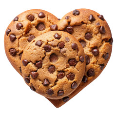 Chocolate chip cookie in heart shape top view isolated on transparent background