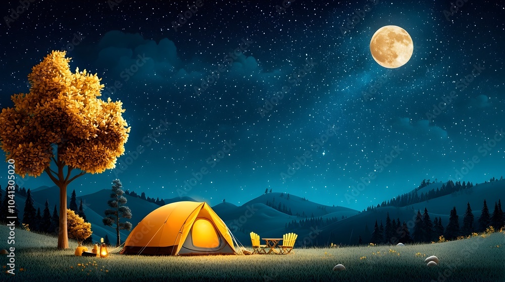 Aufkleber glowing mesh lines creating a captivating visual of a starry night sky above a tranquil campsite wit