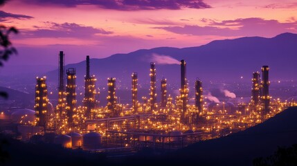 Fototapeta premium A large oil refinery lit up by golden lights at dusk, framed by a deep purple sky, evoking a sense of industrial power against nature backdrop.