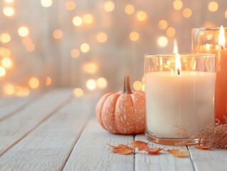 Cozy autumn ambiance with candles, pumpkins, and twinkling lights on a rustic wooden table.