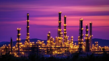 Fototapeta premium A large oil refinery lit up by golden lights at dusk, framed by a deep purple sky, evoking a sense of industrial power against nature backdrop.