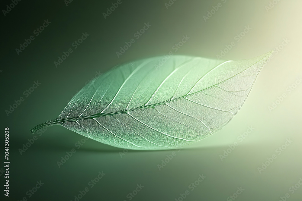 Poster a translucent green leaf illuminated softly from the side on a gradient background