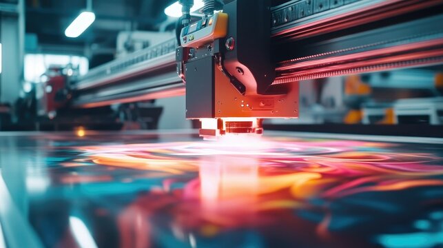 A massive industrial inkjet printer in action, printing vibrant designs on large format media in a high-tech production facility, ink jetting across the surface.