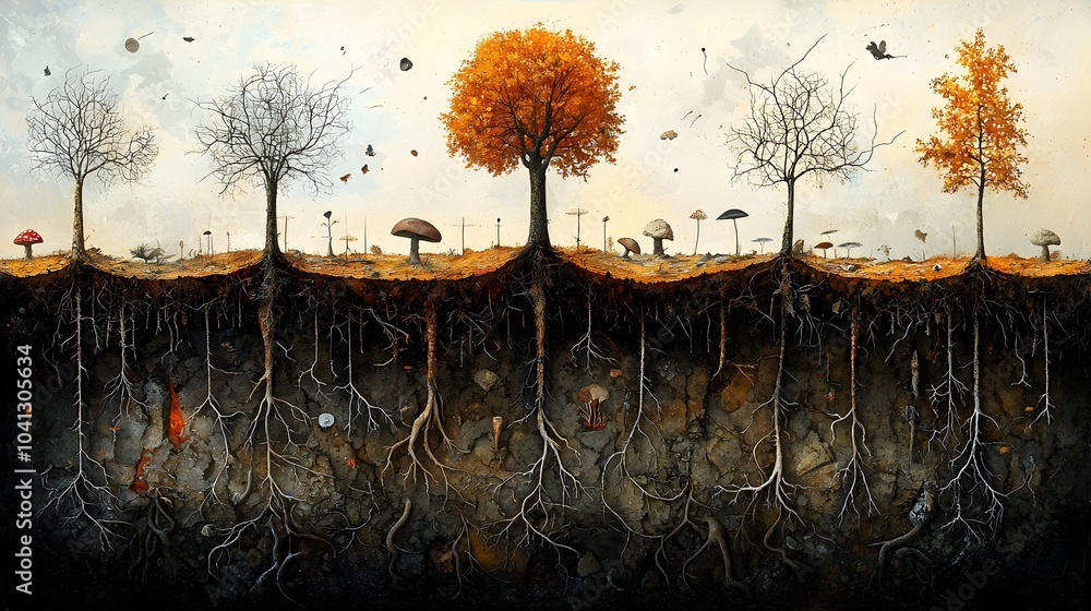 Aufkleber Intricate Underground Forest Ecosystem with Intertwining Tree Roots Water and Fungi Networks Showcasing the Complex Connections and Interdependence of Natural Systems