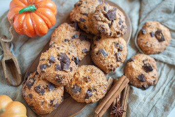 pumpkin chocolate chip cookies on a table