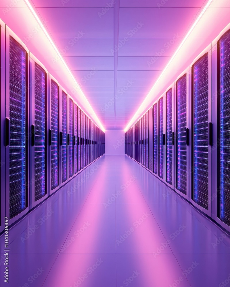 Poster futuristic server room with glowing lights and rows of data storage units.