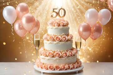 50th wedding anniversary, wedding celebration. Wedding cake, champagne and bouquet of rose flower. Romantic background.
