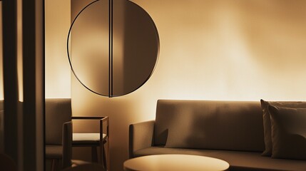 Stylish Round Mirror Reflecting Minimalist Decor and Soft Ambient Lighting