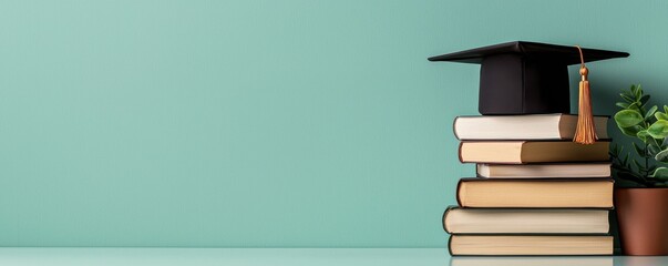 Graduation cap on stacked books with a plant, minimalist design, turquoise background, educational concept.