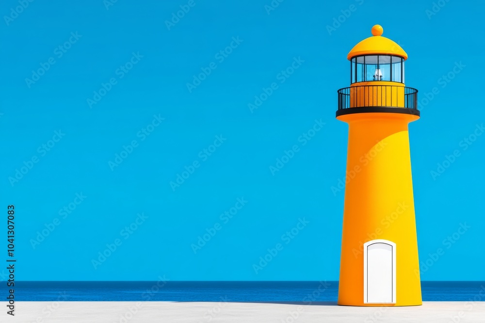 Poster yellow lighthouse is on a beach with a blue sky. the lighthouse is the only object in the scene