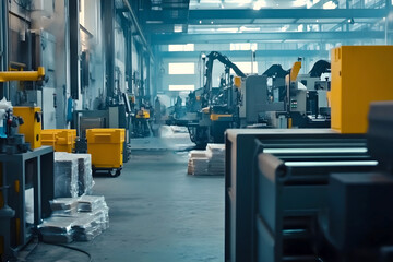 Modern industrial factory interior with automated machinery and robotic arms working, surrounded by equipment and storage materials