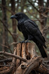 Fototapeta premium A black raven perched on a weathered tree stump in a forest setting