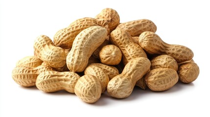 A pile of mouthwatering peanuts isolated on a white background, showcasing their natural texture and earthy tones