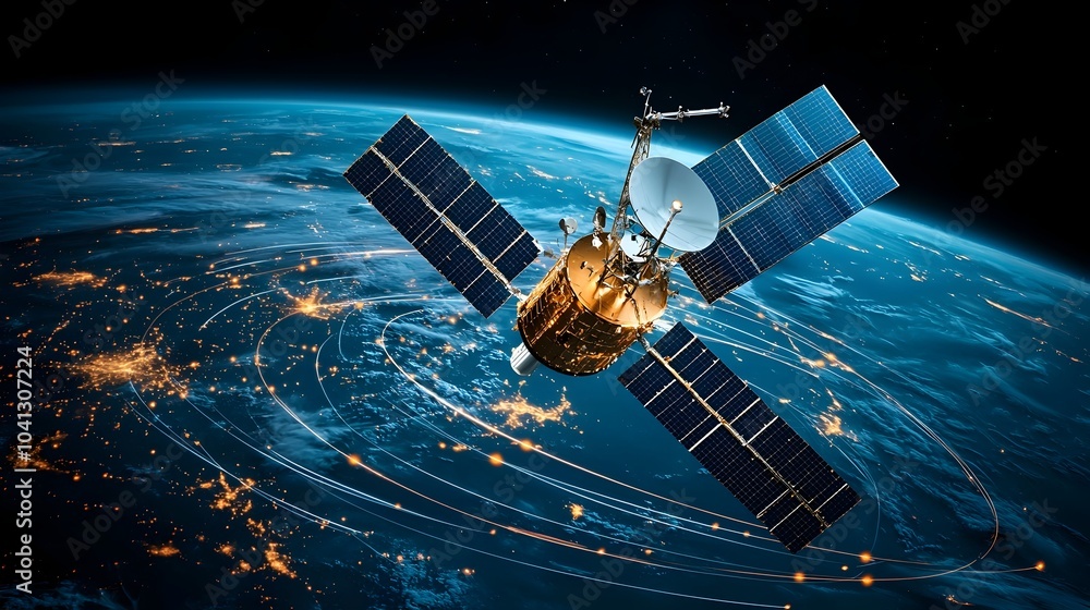 Leinwandbilder A futuristic 3D rendering of a glowing mesh satellite orbiting the Earth surrounded by dynamic data streams and digital networks