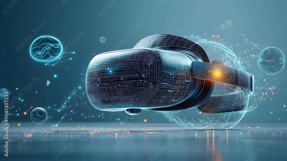 Poster a futuristic and conceptual image featuring a glowing virtual reality headset surrounded by swirling