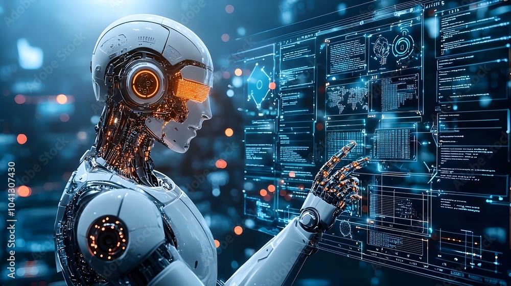 Poster a glow mesh humanoid robot interacting with holographic data panels in a futuristic digital environm