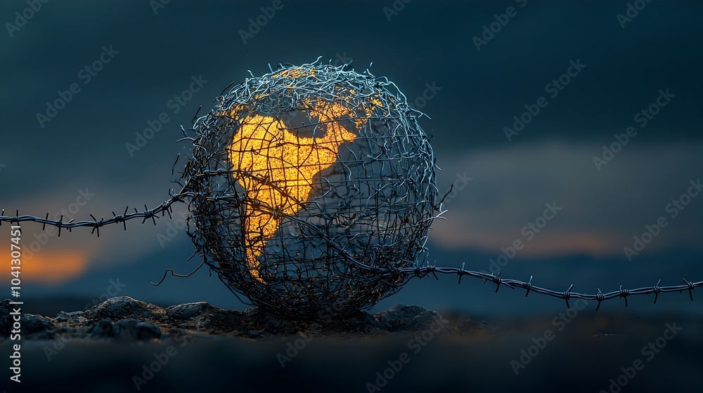 Aufkleber a glowing interconnected mesh globe entangled in barbed wire symbolizing the struggles and constrain